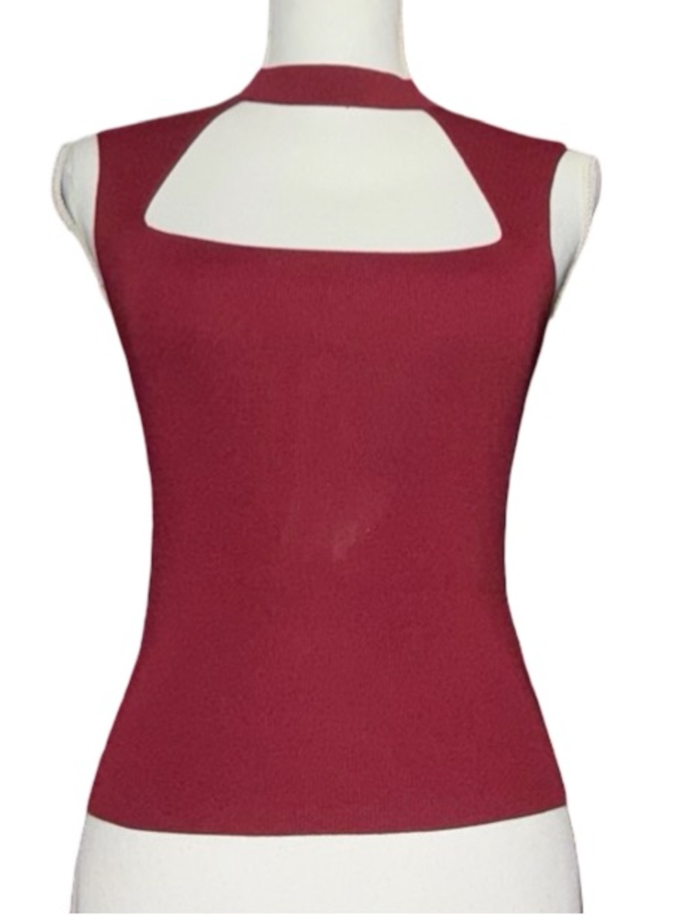 Zara Burgundy Ribbed Knit Cut-Out Choker‎ Neck Top, S